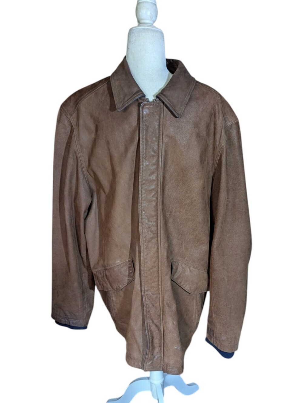 Vtg Brown Leather Jacket Classic Quality Coat Plaid Lined By Columbia Sz L